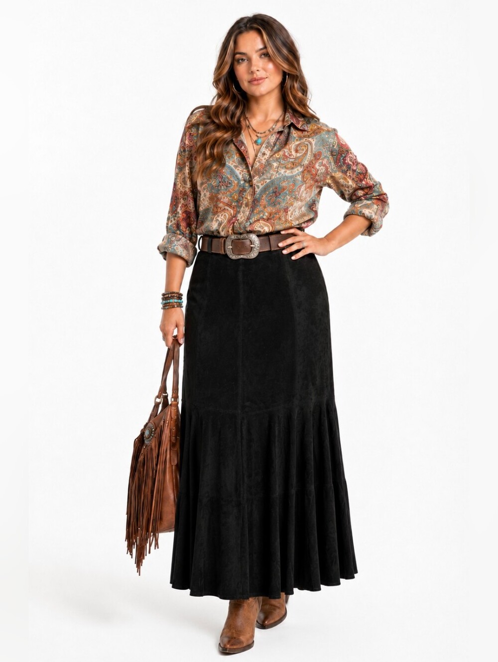 Chicos 100% Leather Maxi Skirt Women's Size 16 / XL Black Suede Western Rodeo